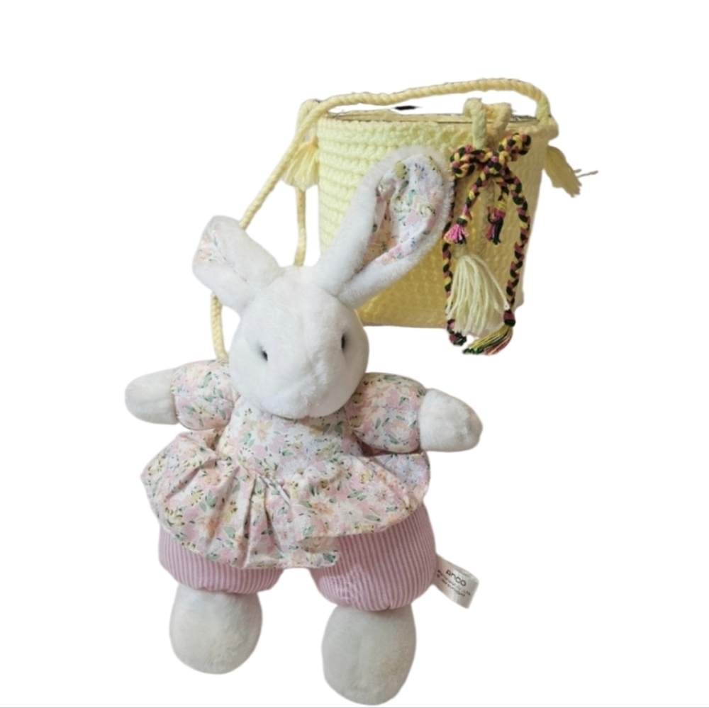 Hand Crafted hand knit crochet Easter basket & Bunny Yellow Pink Handmade toys